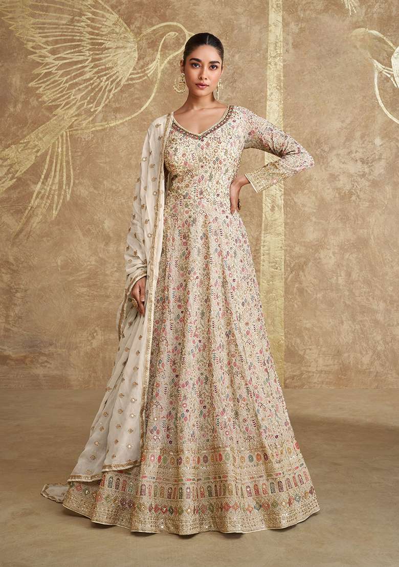 White Embroidered Georgette Anarkali Set - Indya