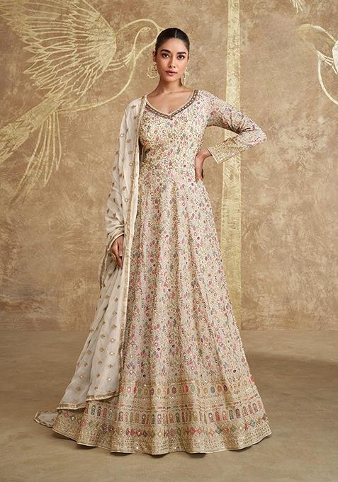 White Embroidered Georgette Anarkali Set