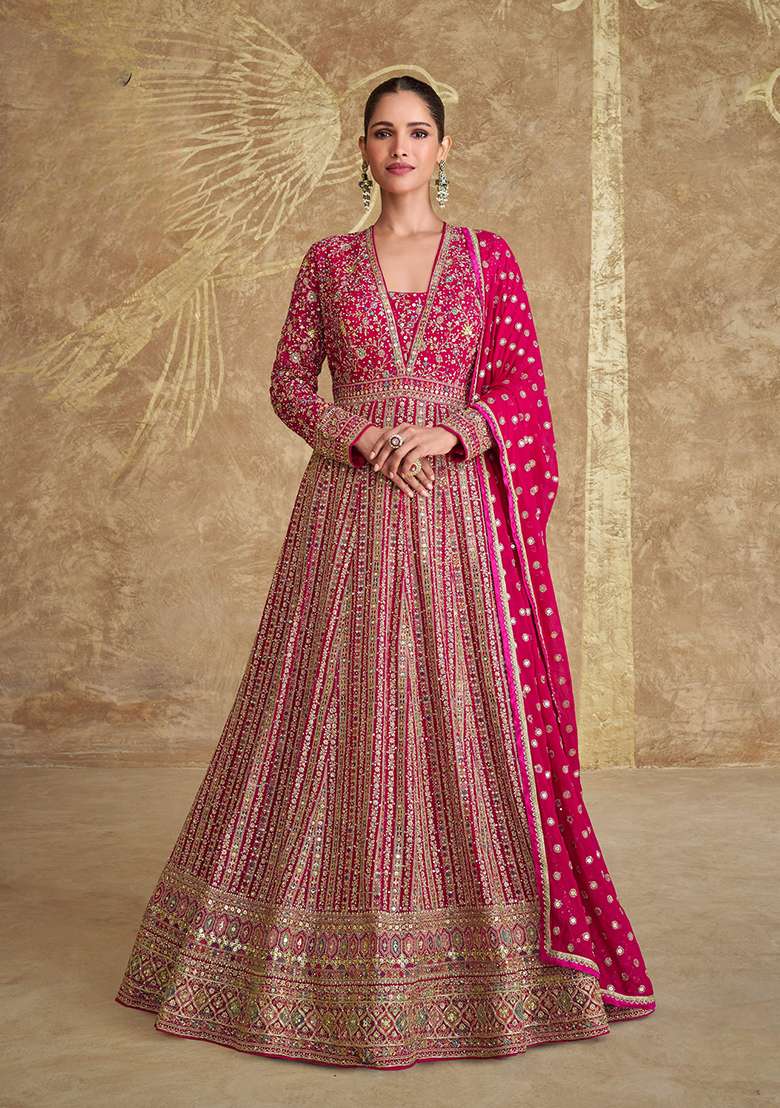 Pink Embroidered Georgette Anarkali With Dupatta - Indya