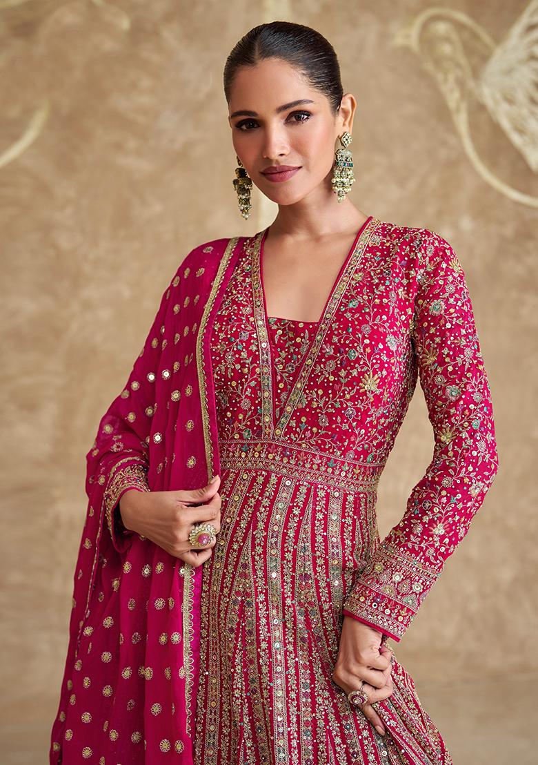 Pink Embroidered Georgette Anarkali Set