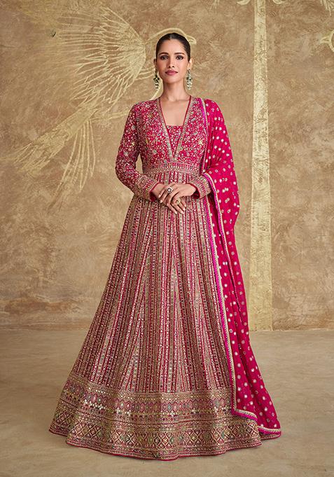 Pink Embroidered Georgette Anarkali Set
