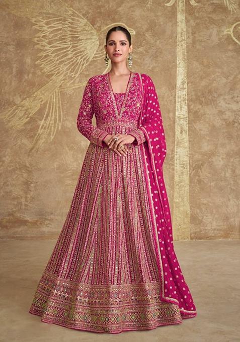 Pink Embroidered Georgette Anarkali set