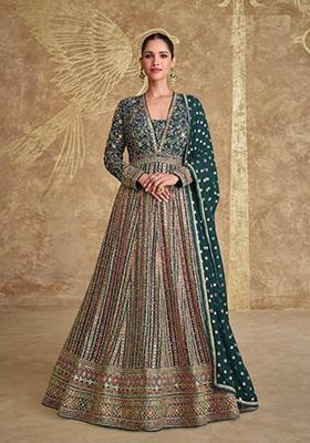 Dark Green Embroidered Georgette Anarkali set