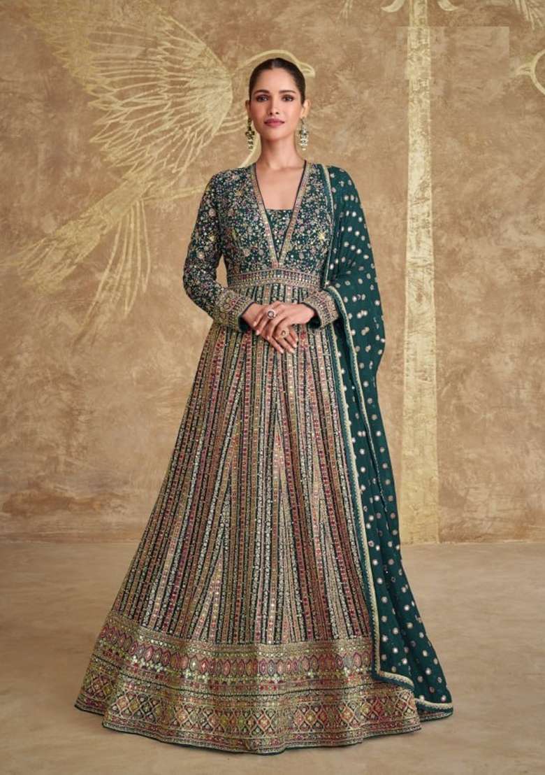 Dark Green Embroidered Georgette Anarkali With Dupatta - Indya