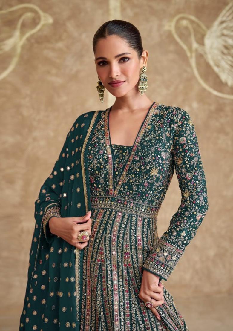 Dark Green Embroidered Georgette Anarkali set