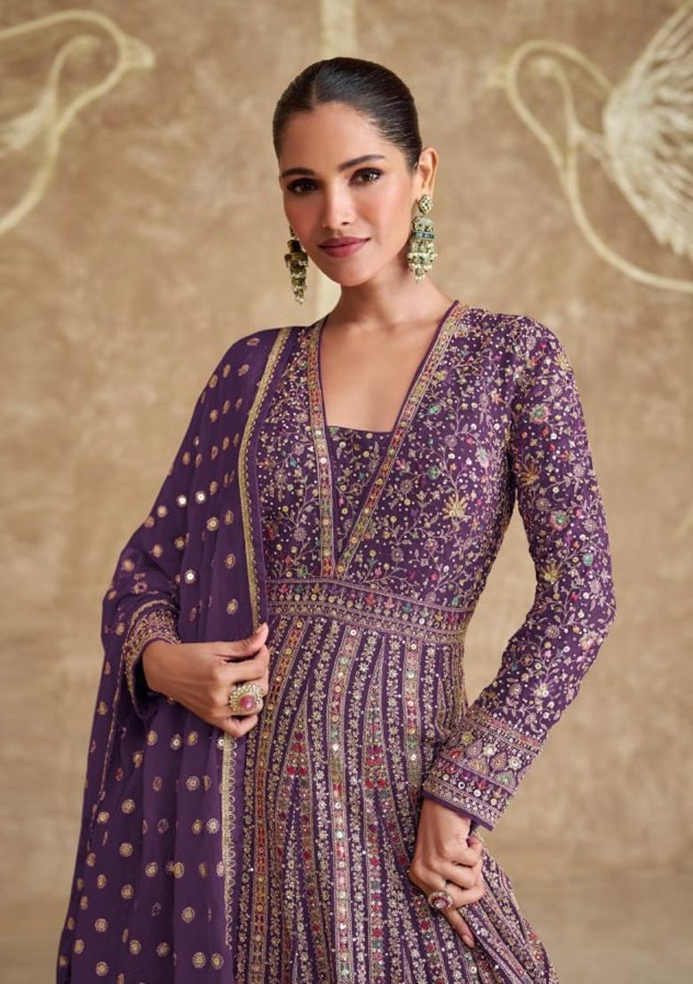 Lavender Embroidered Georgette Anarkali set
