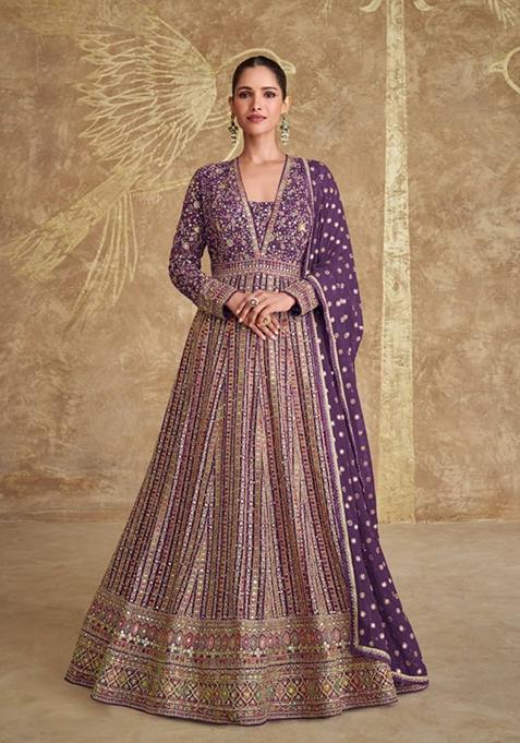 Lavender Embroidered Georgette Anarkali With Dupatta