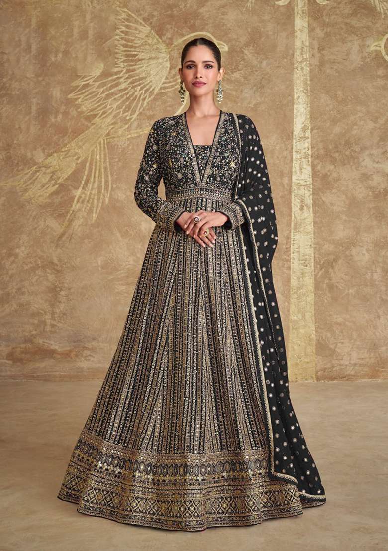Black Embroidered Georgette Anarkali With Dupatta - Indya