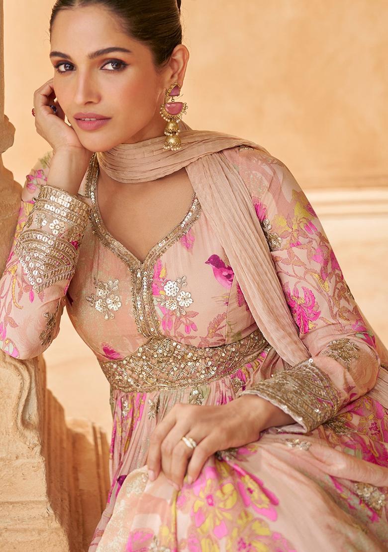 Peach Embroidered Silk Anarkali set