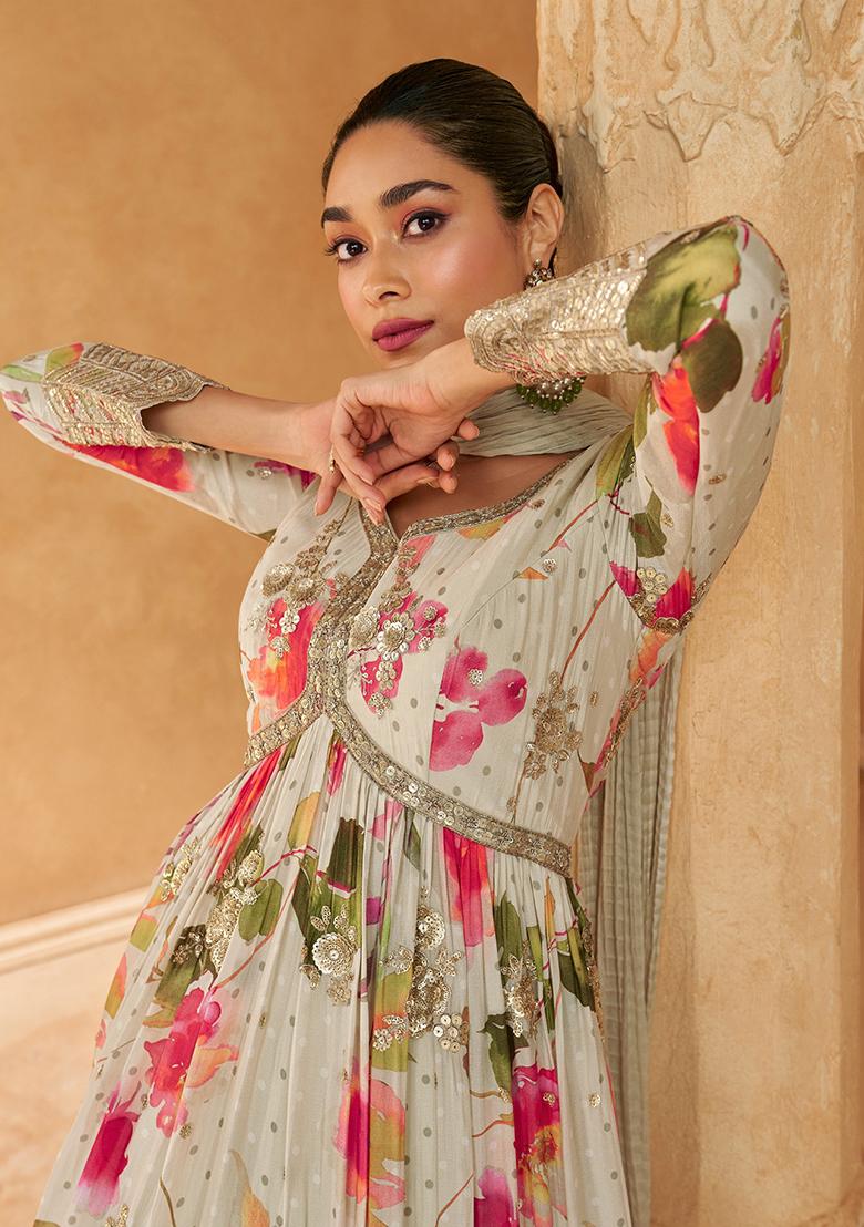 White Embroidered Silk Anarkali set