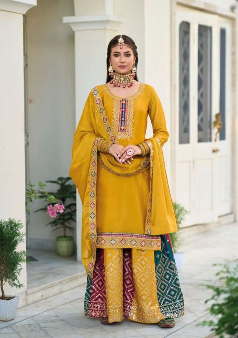 Yellow Embroidered Georgette Salwar Kameez - Indya