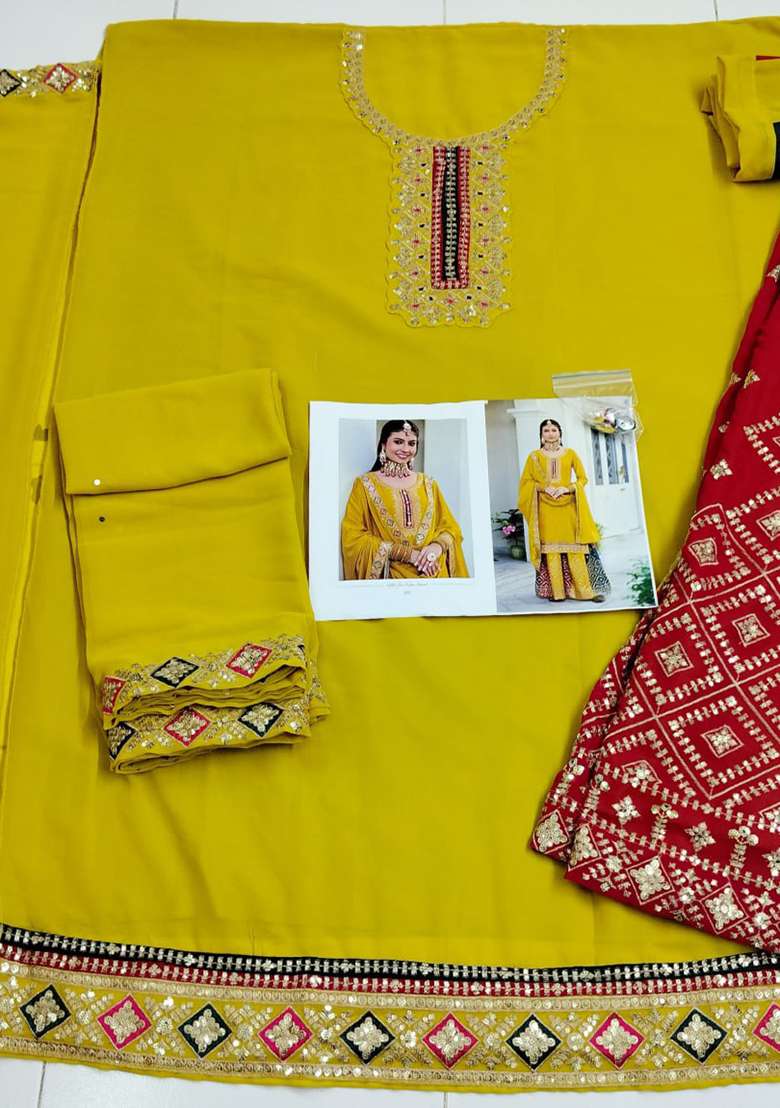 Yellow Embroidered Georgette Salwar Kameez - Indya