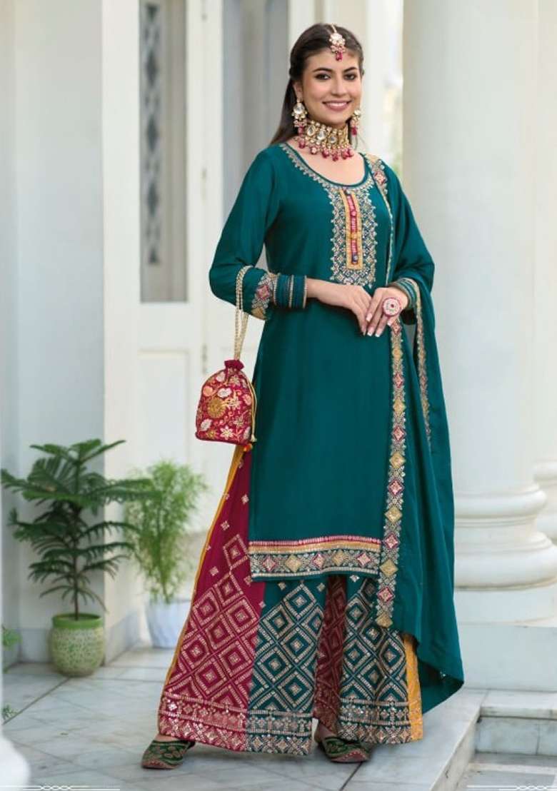 Teal Green Embroidered Georgette Salwar Kameez - Indya