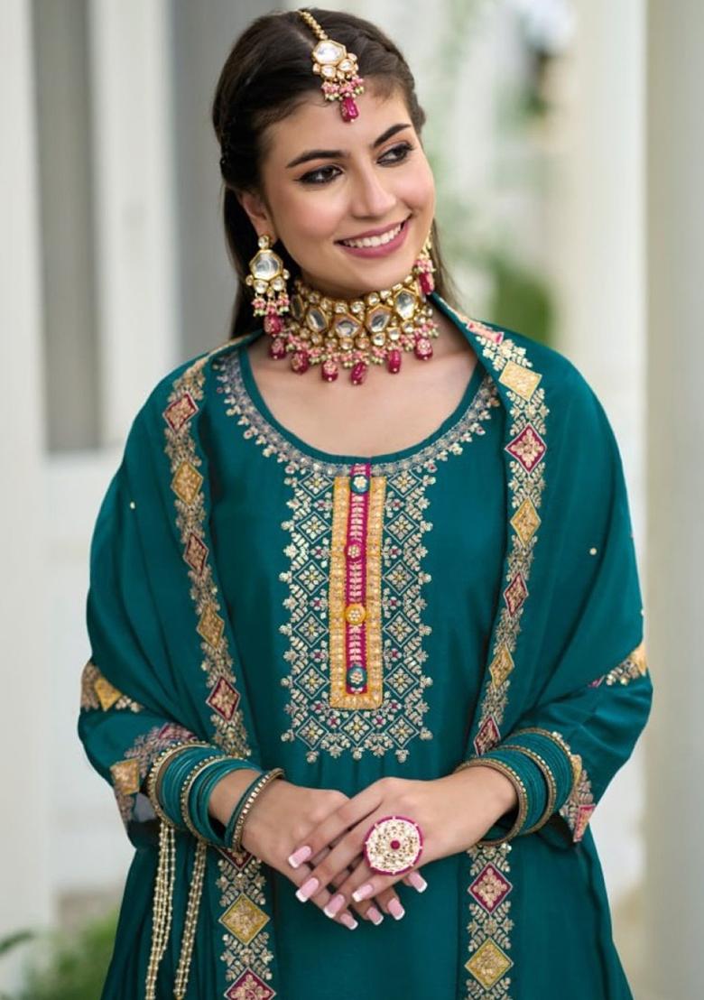 Teal Green Embroidered Georgette Salwar Kameez