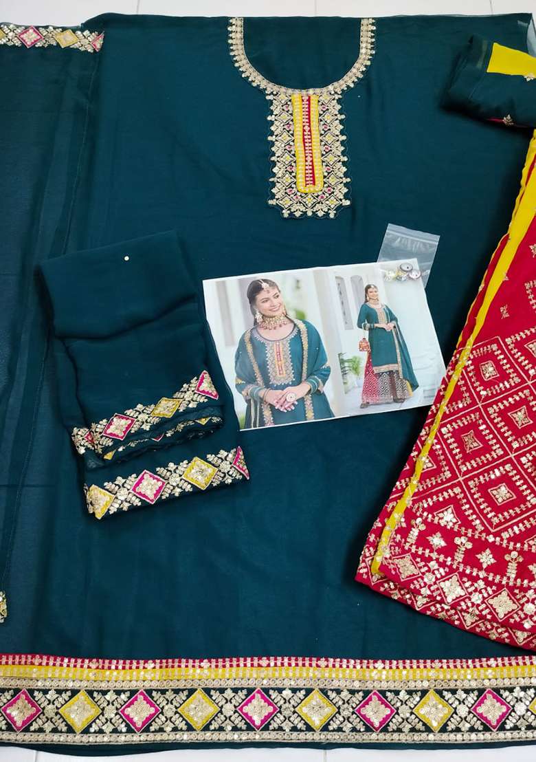 Teal Green Embroidered Georgette Salwar Kameez - Indya