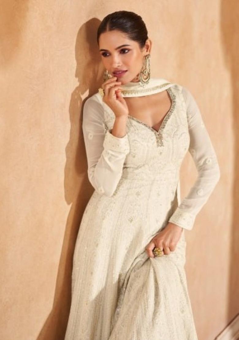 White Embroidered Georgette Anarkali Set