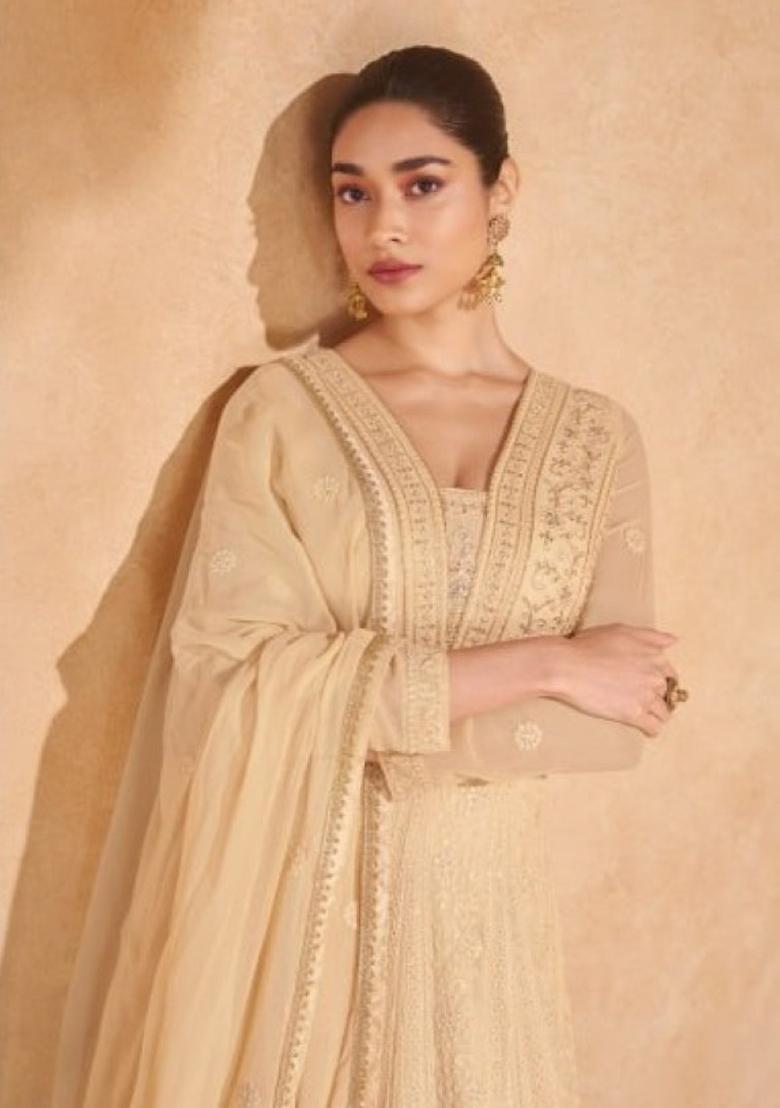 Cream Embroidered Georgette Anarkali Set