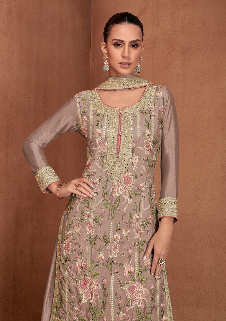 Light Brown Embroidered Georgette Salwar Kameez