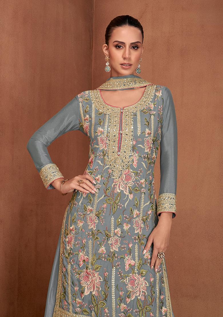 Light Grey Embroidered Georgette Salwar Kameez