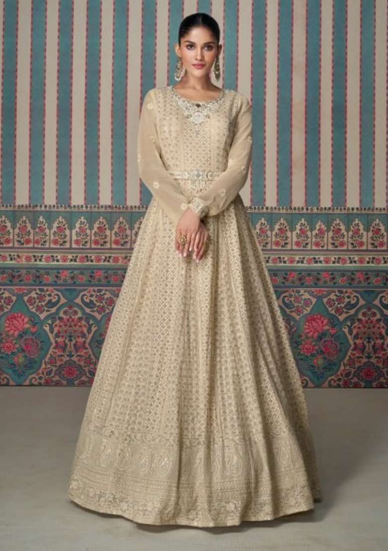 Cream Embroidered Georgette Salwar Kameez - Indya