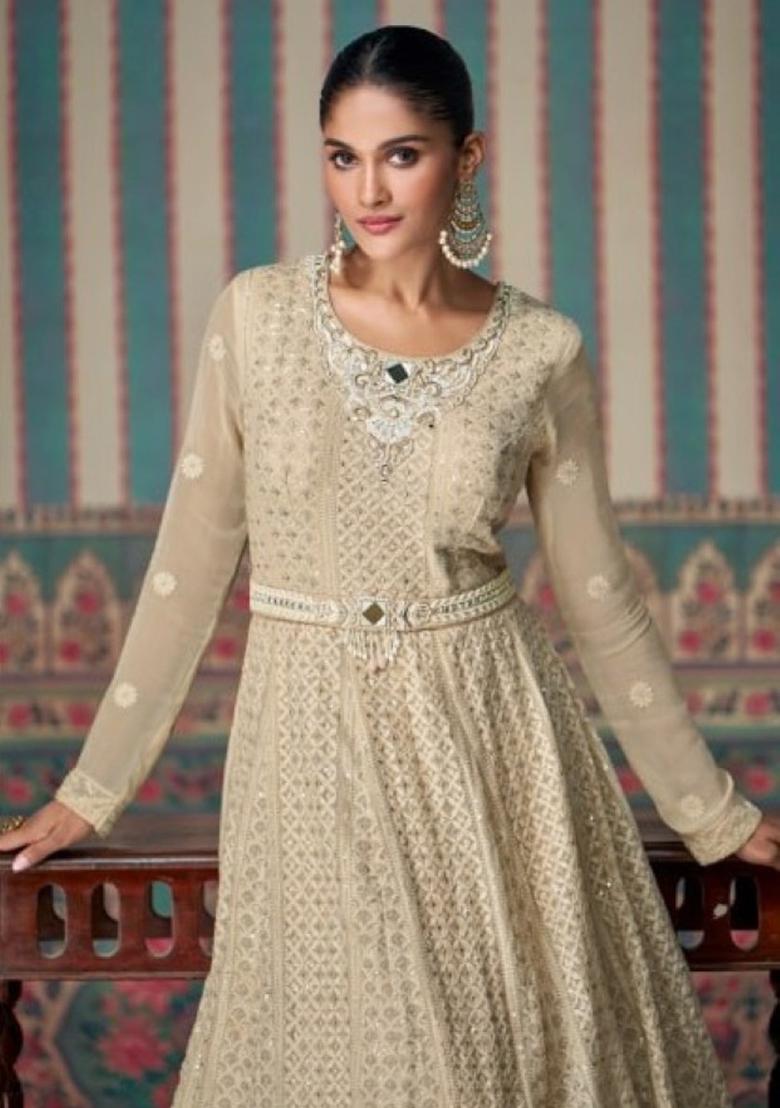 Cream Embroidered Georgette Salwar Kameez