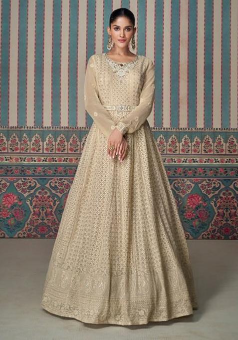 Cream Embroidered Georgette Salwar Kameez