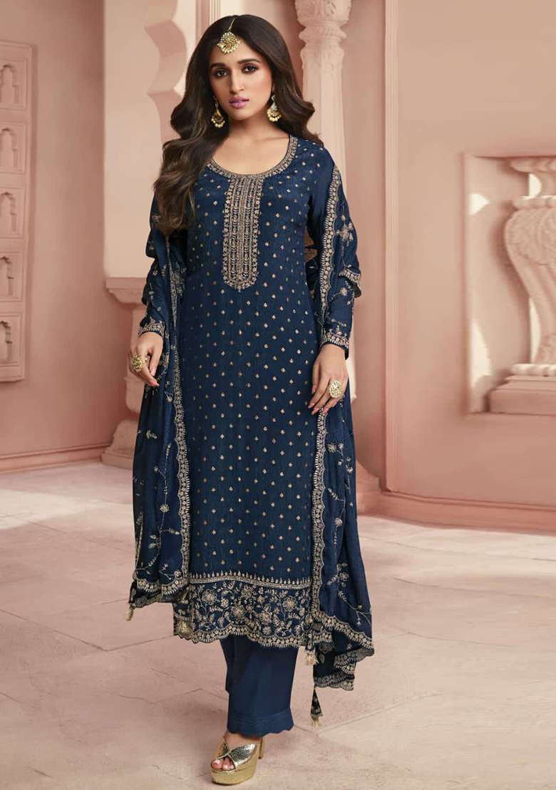 Navy Blue Embroidered Silk Blend Pakistani Suit Set - Indya