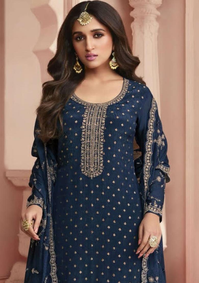 Navy Blue Embroidered Silk Salwar Kameez