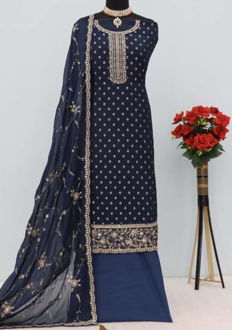 Navy Blue Embroidered Silk Blend Pakistani Suit Set - Indya