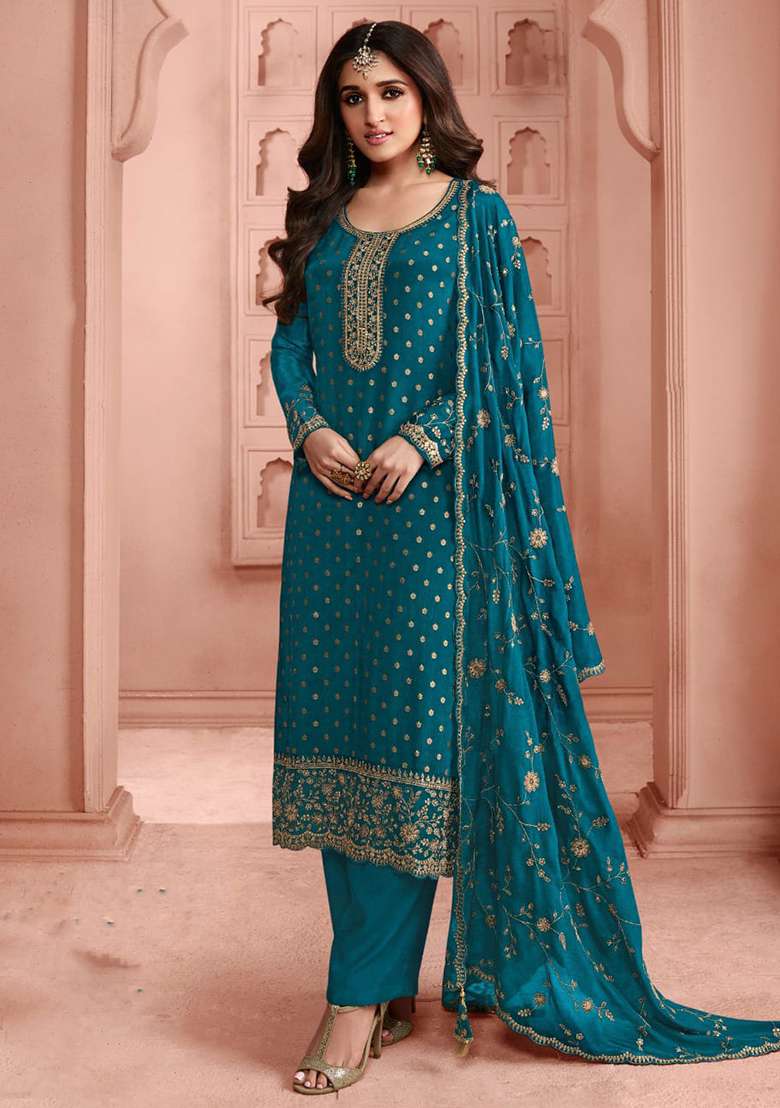 Turquoise Blue Embroidered Silk Blend Pakistani Suit Set - Indya