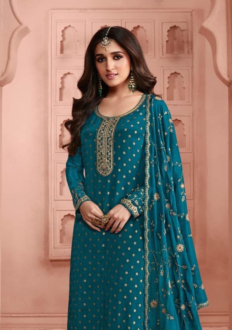 Turquoise Blue Embroidered Silk Salwar Kameez