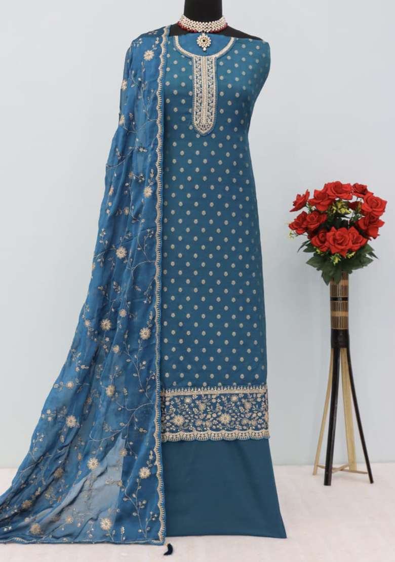 Turquoise Blue Embroidered Silk Blend Pakistani Suit Set - Indya