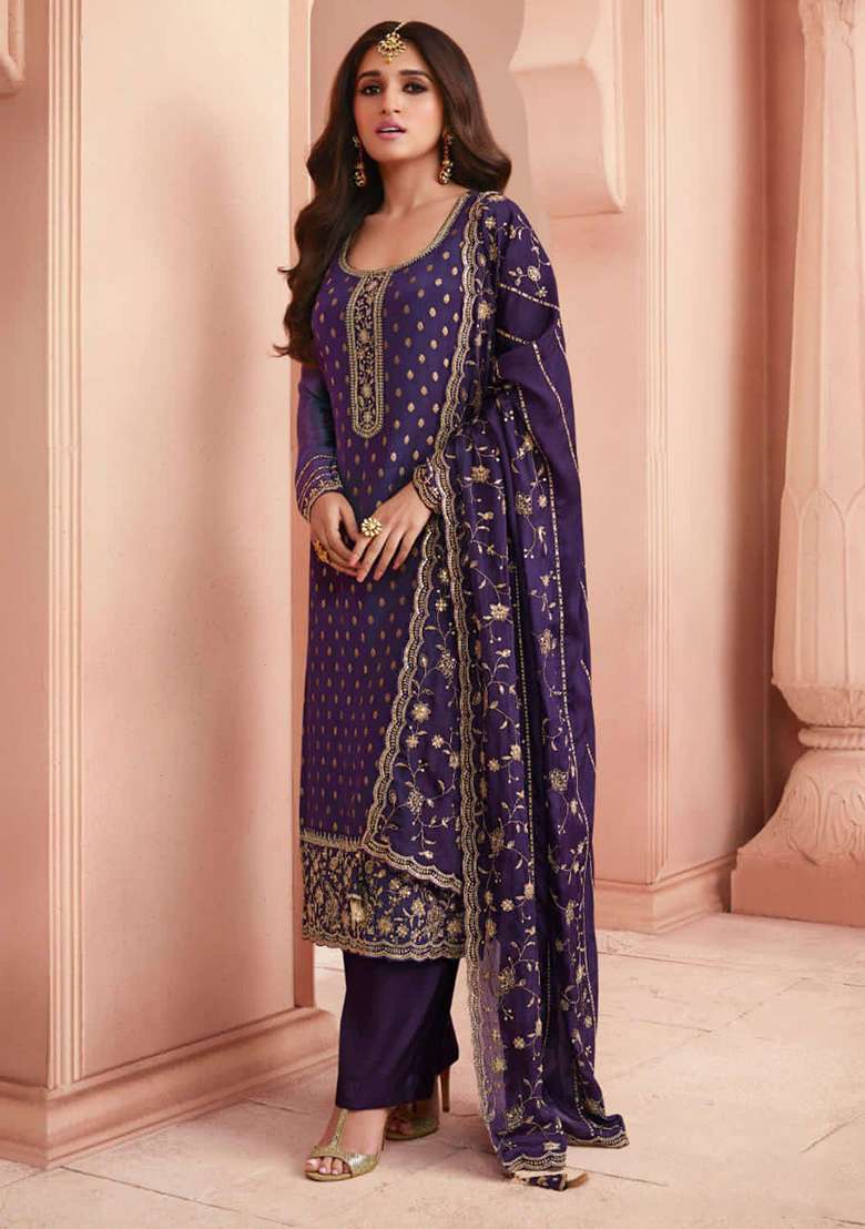 Royal Blue Embroidered Silk Blend Salwar Kameez - Indya