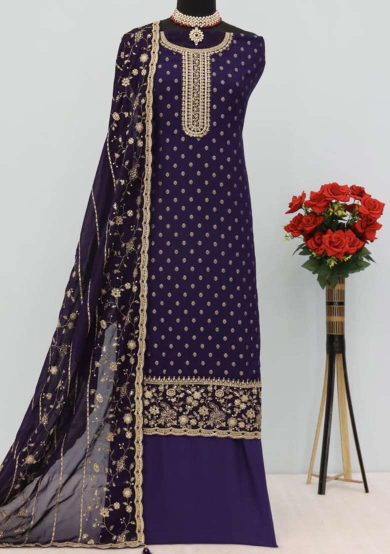 Royal Blue Embroidered Silk Blend Salwar Kameez - Indya