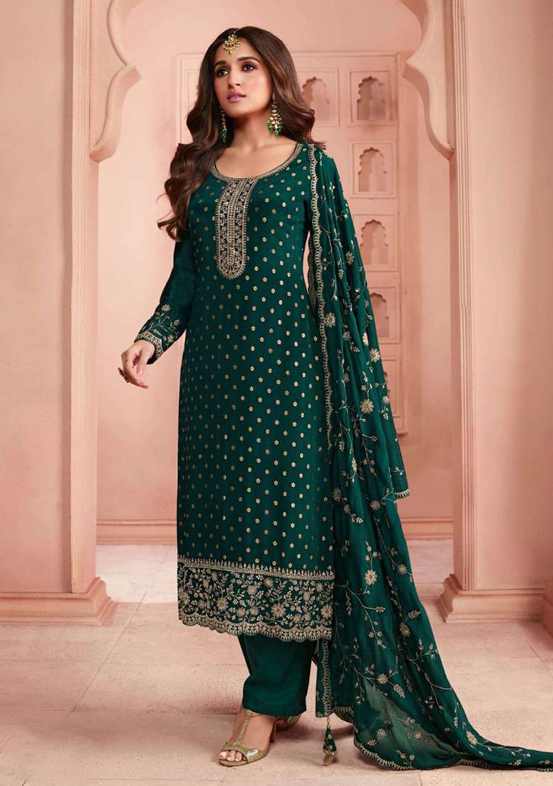 Dark Green Zari Work Silk Blend Straight Kurta Set - Indya