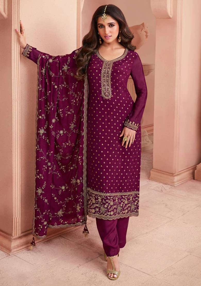 Purple Embroidered Silk Blend Salwar Kameez - Indya