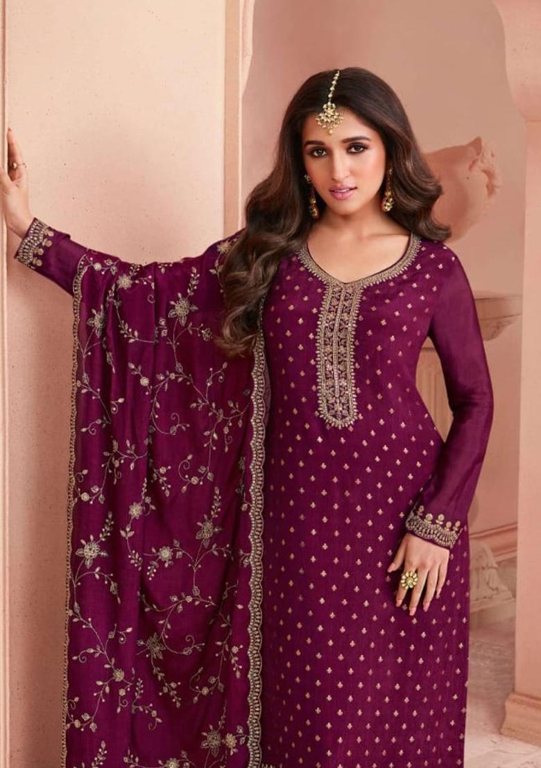 Purple Embroidered Silk Salwar Kameez
