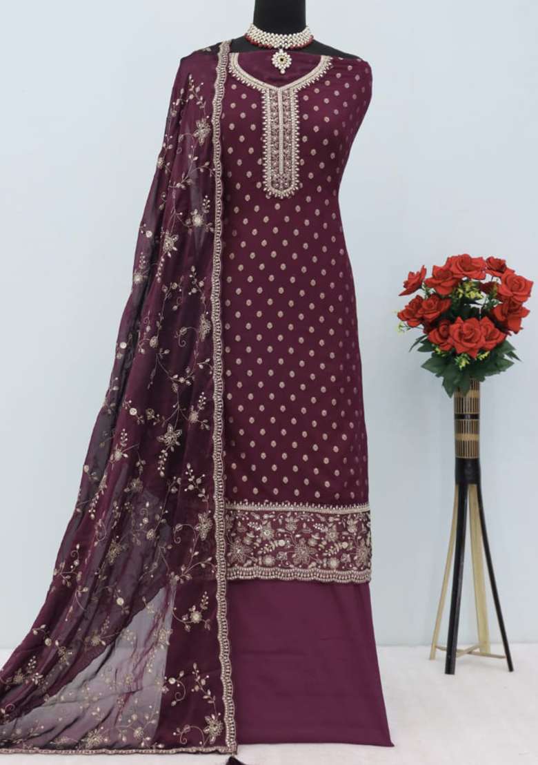 Purple Embroidered Silk Blend Salwar Kameez - Indya