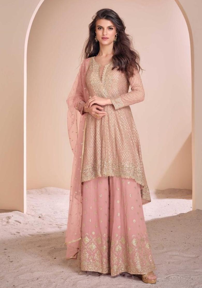 Baby Pink Embroidered Georgette Sharara Set