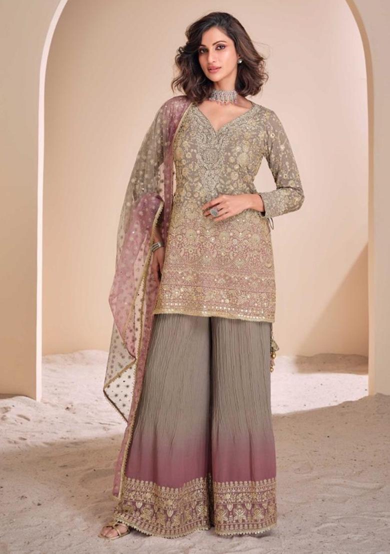 Dark Grey Embroidered Georgette Sharara Set
