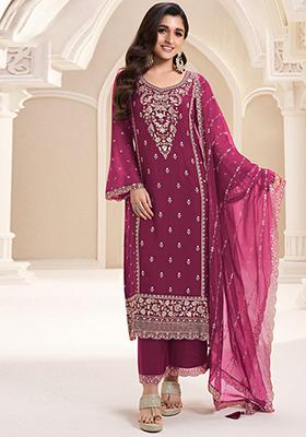 Dark Pink Embroidered Chiffon Salwar Kameez