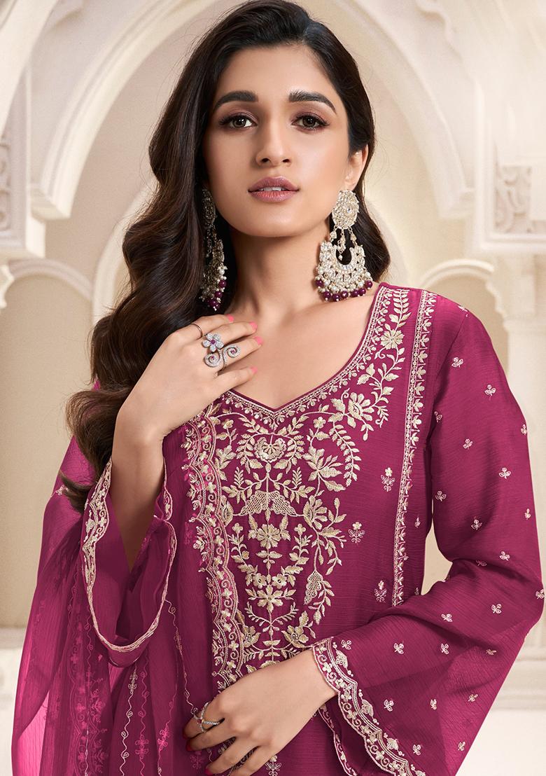 Dark Pink Embroidered Chiffon Salwar Kameez