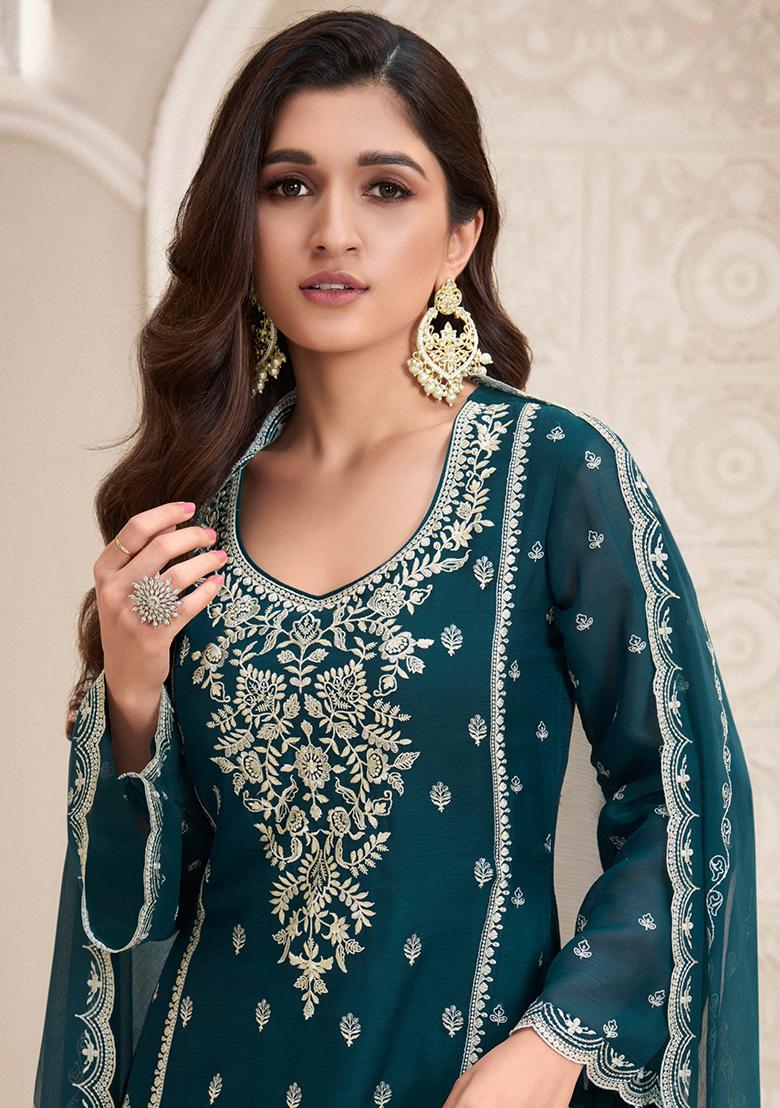 Teal Green Embroidered Chiffon Salwar Kameez