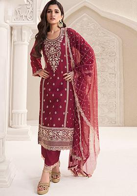 Maroon Embroidered Chiffon Salwar Kameez