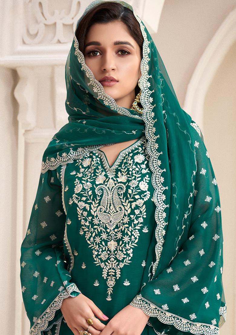 Dark Green Embroidered Chiffon Salwar Kameez