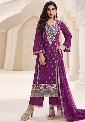 Wine Embroidered Chiffon Salwar Kameez
