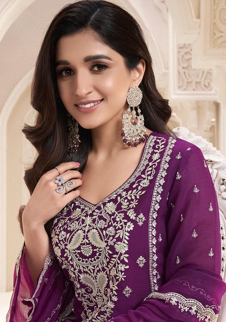 Wine Embroidered Chiffon Salwar Kameez