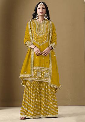 Yellow Embroidered Art Silk Sharara Set