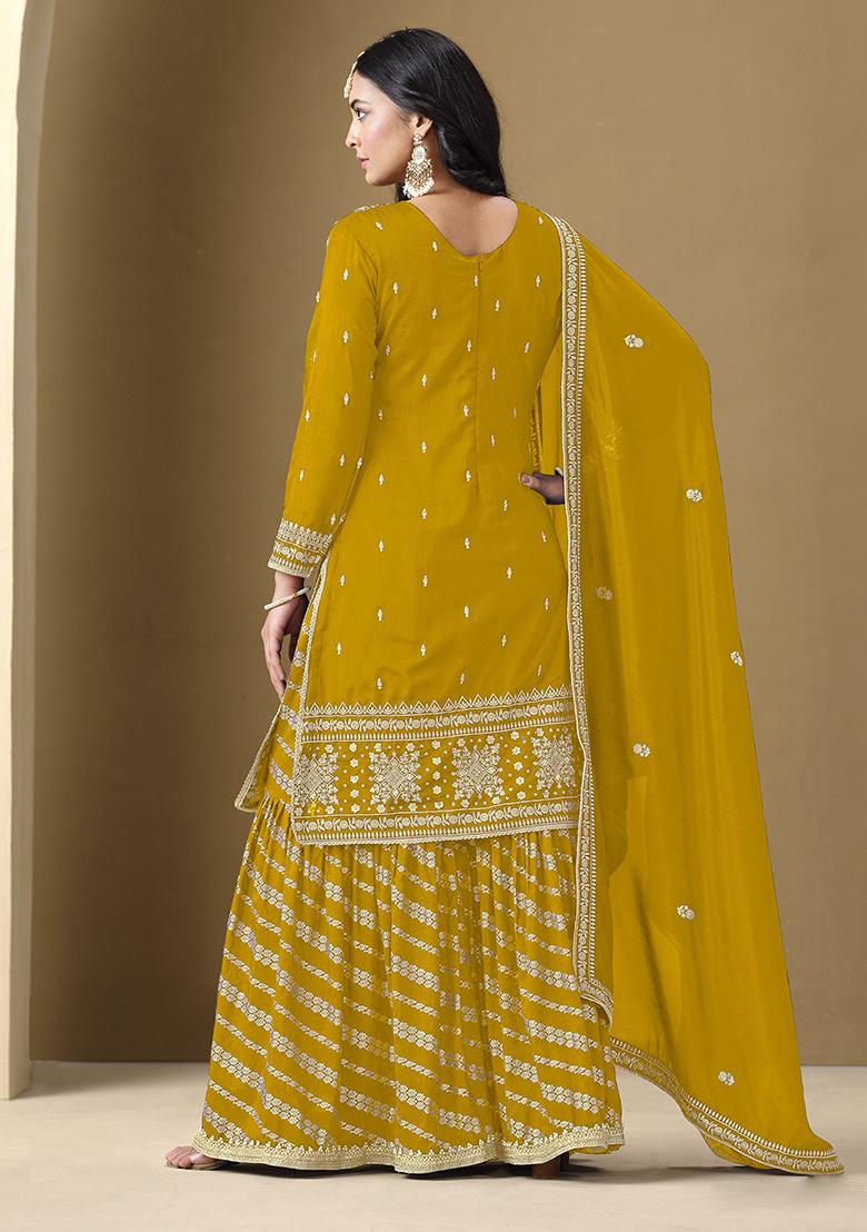 Yellow Embroidered Art Silk Sharara Set