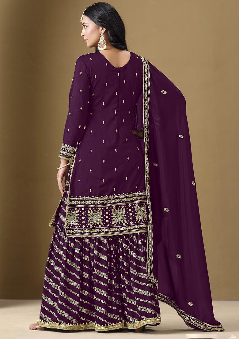 Purple Embroidered Art Silk Sharara Set